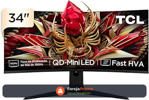 Monitor Gamer Curvo TCL 34 Polegadas QD-Mini LED WQHD R83Q 180Hz 1ms (GtG) HDR 1400 nits 34R83Q