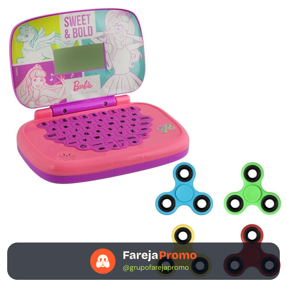 Kit Laptop Infantil Educativo Candide Barbie Bilíngue + 1 Fidget Spinner Sortido