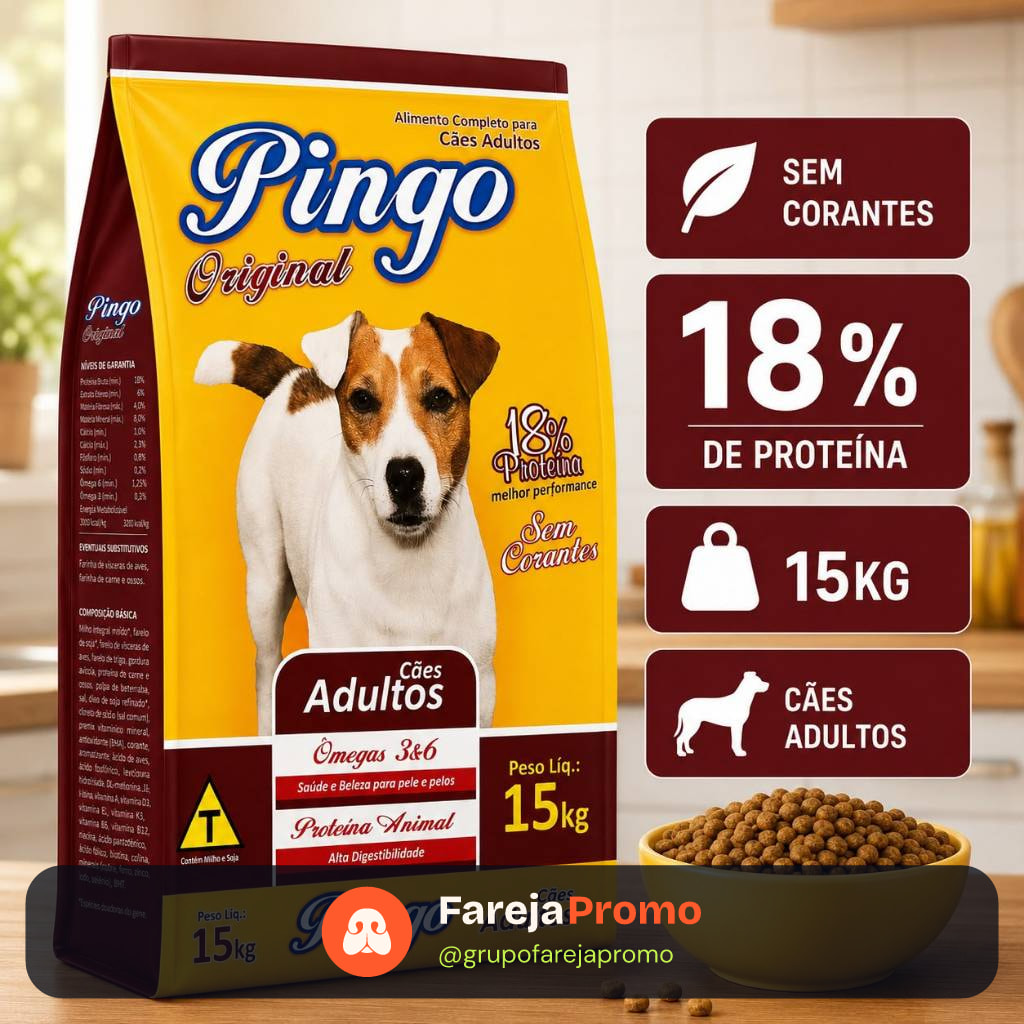 Ração Pingo Original Cães Adultos 15kg Sem Corantes 18% Proteína