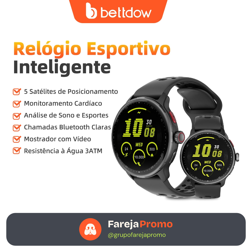 Smartwatch GPS BETTDOW com aplicativo de IA integrado, 100 modos esportivos, resistência à água de 3 ATM e tela AMOLED