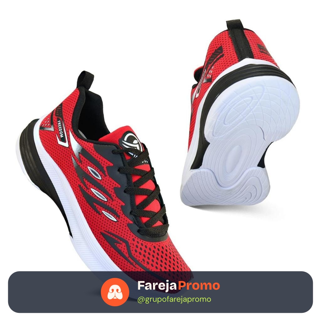 Tenis Masculino Escolar Academia Original FREEDOM Corrida Caminhada Lançamento VERMELHO e PRETO