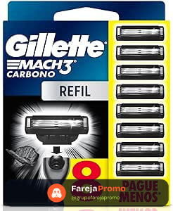 Gillette Mach3 Carbono Carga para Aparelho de Barbear com Carvão 8 Unidades
