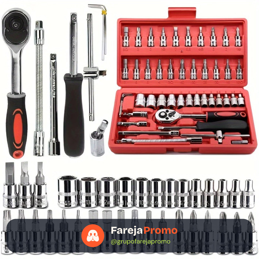 Kit Jogo 46 Peças Chaves Soquetes Catraca Bits 1/4 Ferramenta Profissional Multiuso Com Maleta