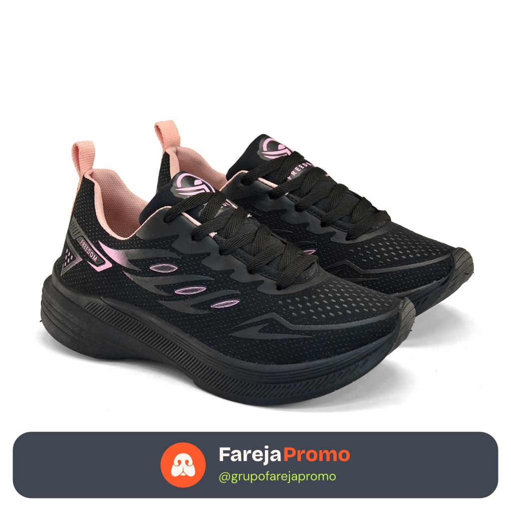 Tenis Feminino Escolar Academia Original FREEDOM Corrida Caminhada Lançamento PRETO ROSE BEBE