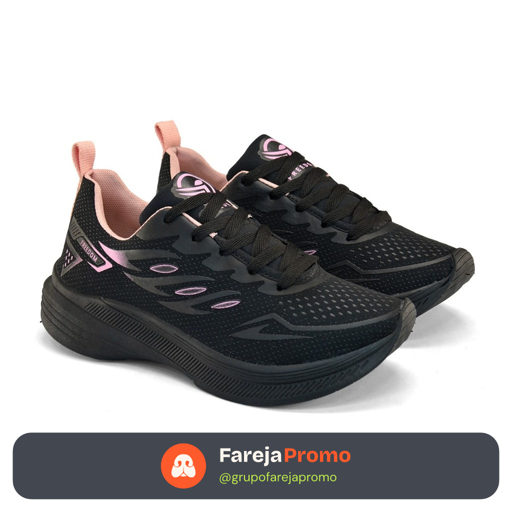 Tenis Feminino Escolar Academia Original FREEDOM Corrida Caminhada Lançamento PRETO ROSE BEBE