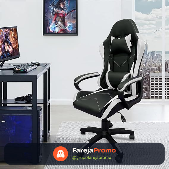 Cadeira de jogos com encosto alto, apoios de braços fixos em quatro pontos, altura ajustável (Branco)