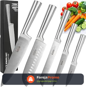 Jogo de 5 Facas Inox 4Cr13 | Conjunto de Facas de Cozinha Profissional Aço Inoxidável | Design Ergonômico e Resistente à Ferrugem, Ultra Afiadas e Precisão Suíça, Lâminas Inteiriças, Facas Premium
