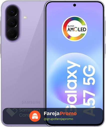 Celular Samsung Galaxy A57 5G 128GB, 8GB RAM, Câmera Tripla de até 50MP OIS, Selfie de 12MP Video HDR, IP68, Tela Super AMOLED 6.7", NFC, Recursos AI, Até 6 Atualizações de Android e Segurança (Lilás)