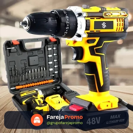 Parafusadeira Furadeira C/ 2 Baterias Maleta Kit Completo Led Eixo Flexível Vários Níveis Torque Amarelo 127/220v 60 Hz