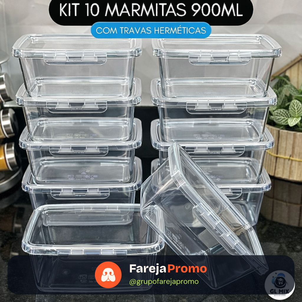Kit 10 Marmitas com Travas 900ml BPAFREE Pote Plástico Freezer Microondas Fitness Refeição Alimento