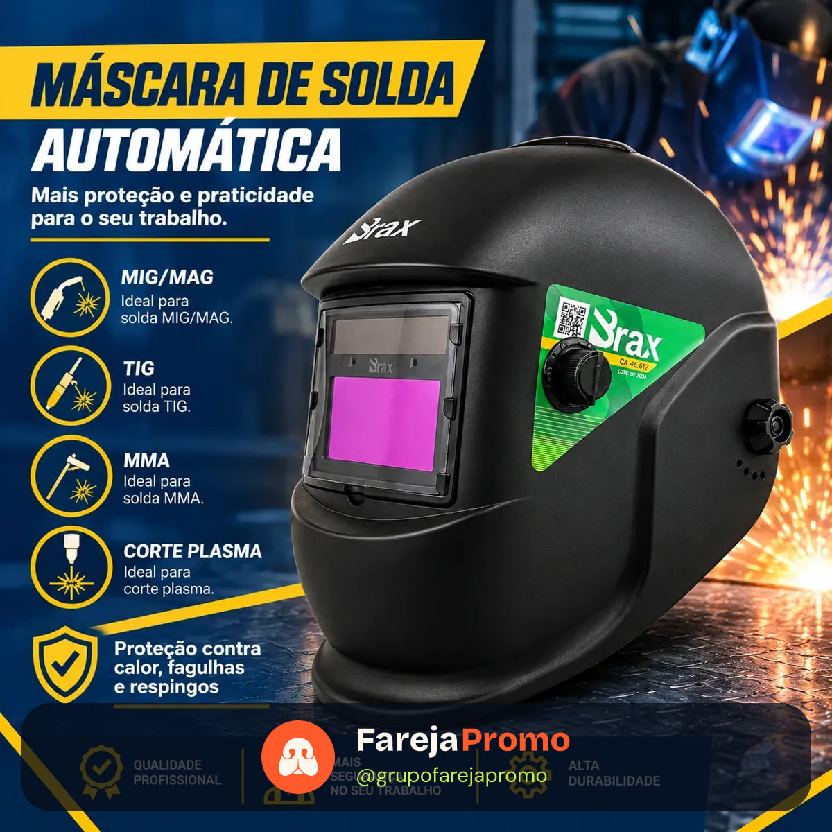 Máscara de Solda Automática Brax com Regulagem Solar TIG MIG MMA