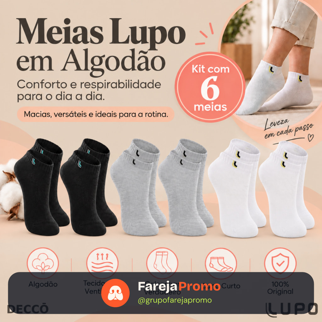 Kit De 6 Pares Meias Lupo Kids Infantil Cano Curto Algodão Tamanho 24 ao 35