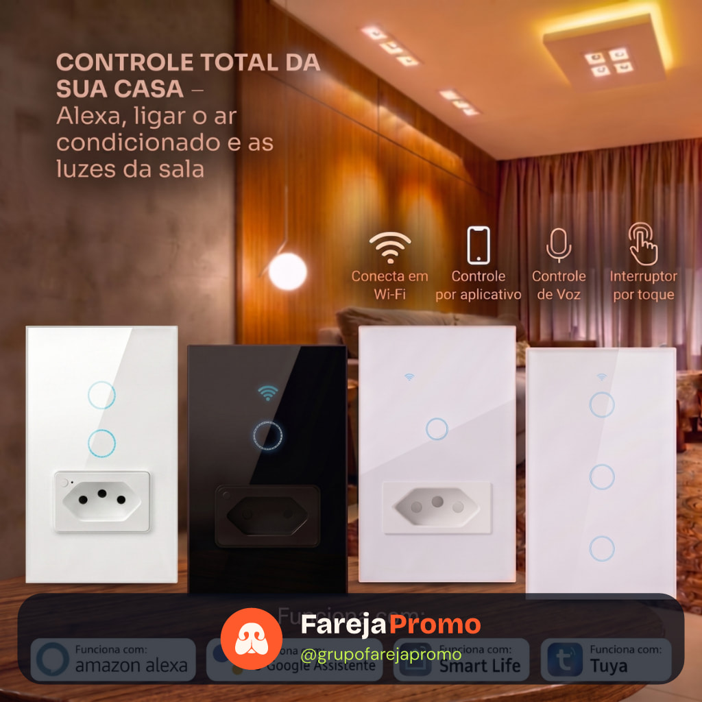 Interruptor Por Comando de Voz Inteligente Com Botões Touch e Tomada Wi-fi Alexa Google Tuya