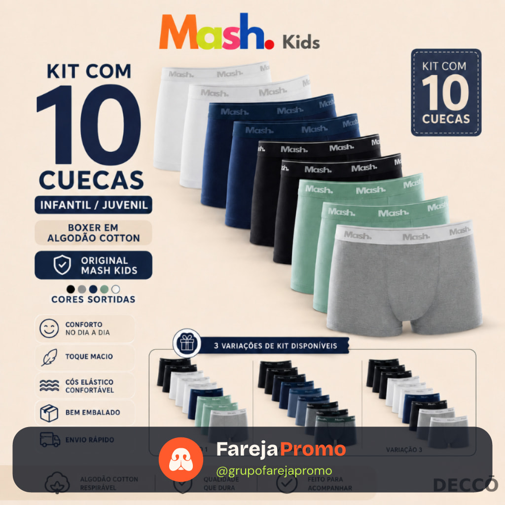 Kit Com 10 Cuecas Mash Infantil Juvenil Boxer Box Em Algodao Cotton Masculina Kids Original