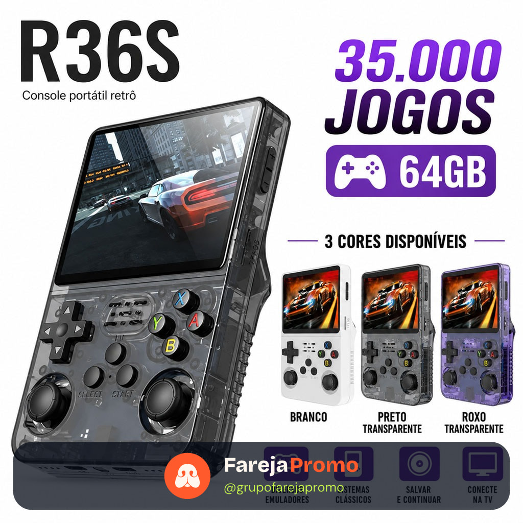 Console Portátil R36S + de 25.000 Jogos Vídeo Game 64g Linux Tela IPS 3.5 Polegadas