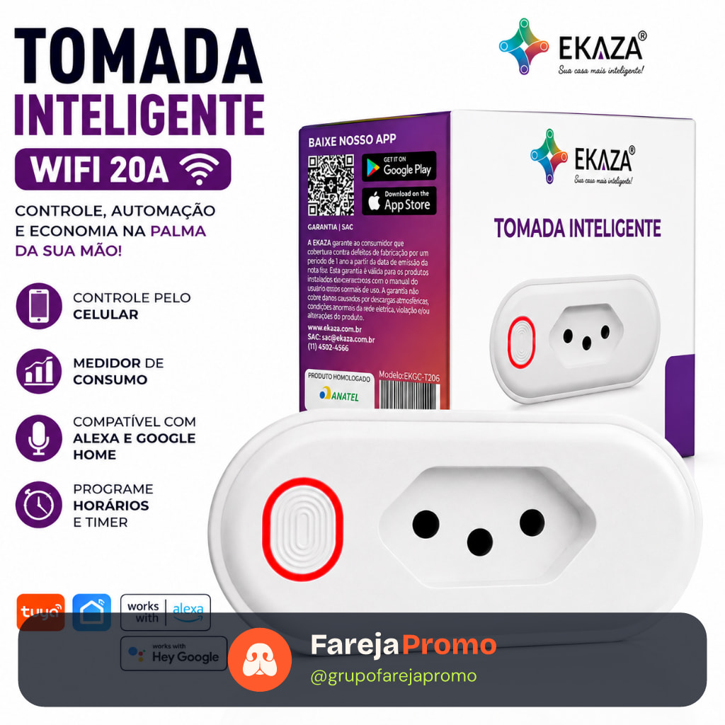 Tomada Inteligente WiFi 20A Pino Grosso Ekaza Medidor Consumo Alexa Google