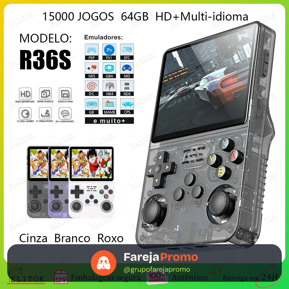 Console Portátil R36S + de 15.000 Jogos Vídeo Game 64g Linux Tela IPS 3.5 Polegadas