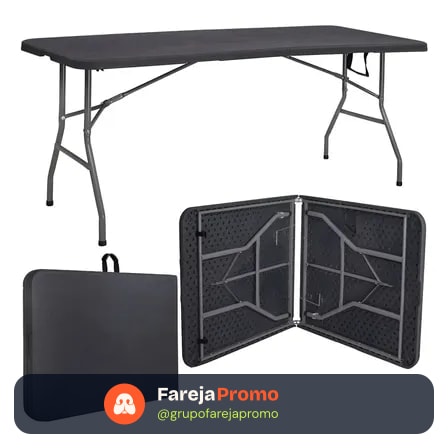Mesa Dobrável Vira Maleta Com Alça Portátil 1.80m Para Camping Pesca Jardim Área Externa Ou Interna Salão De Festas Gourmet Cor Preto Luvinco