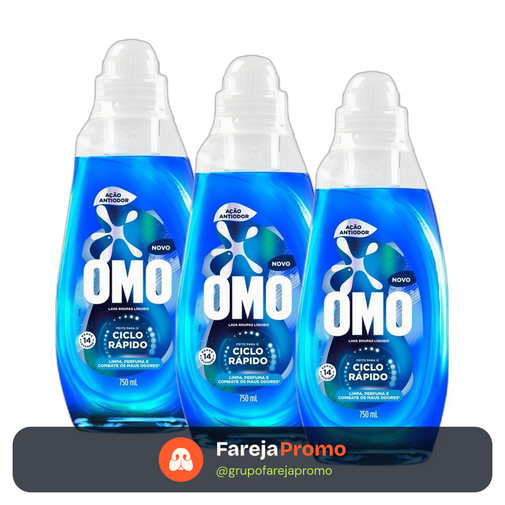 Kit 3 Lava-Roupas Líquido Omo Ciclo Rápido Ação Antiodor Frasco 750ml cada