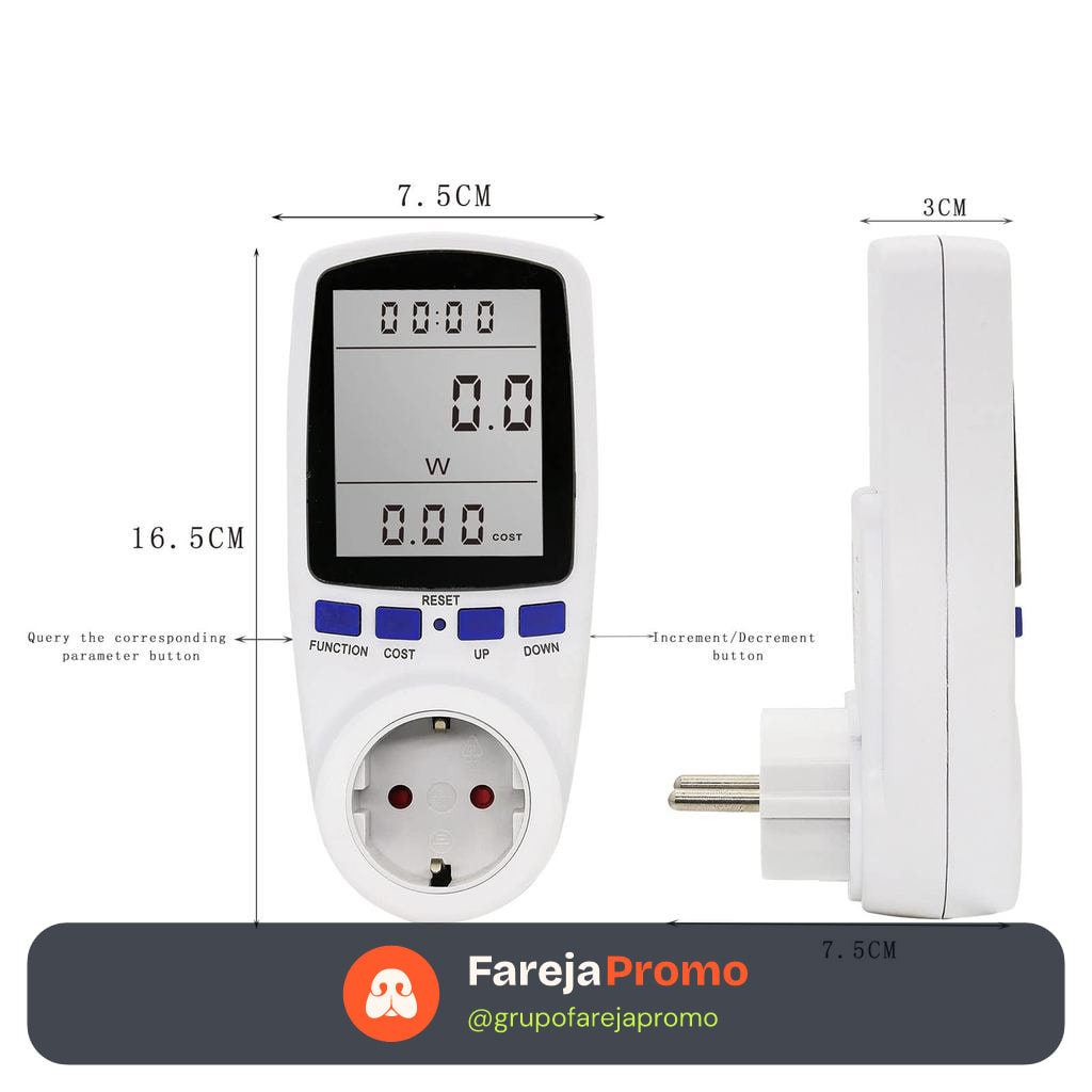 Medidor de Energia Digital 15A 250V Monitor de Consumo Kwh Bivolt - Tomada Inteligente de Alta Precisão Melana