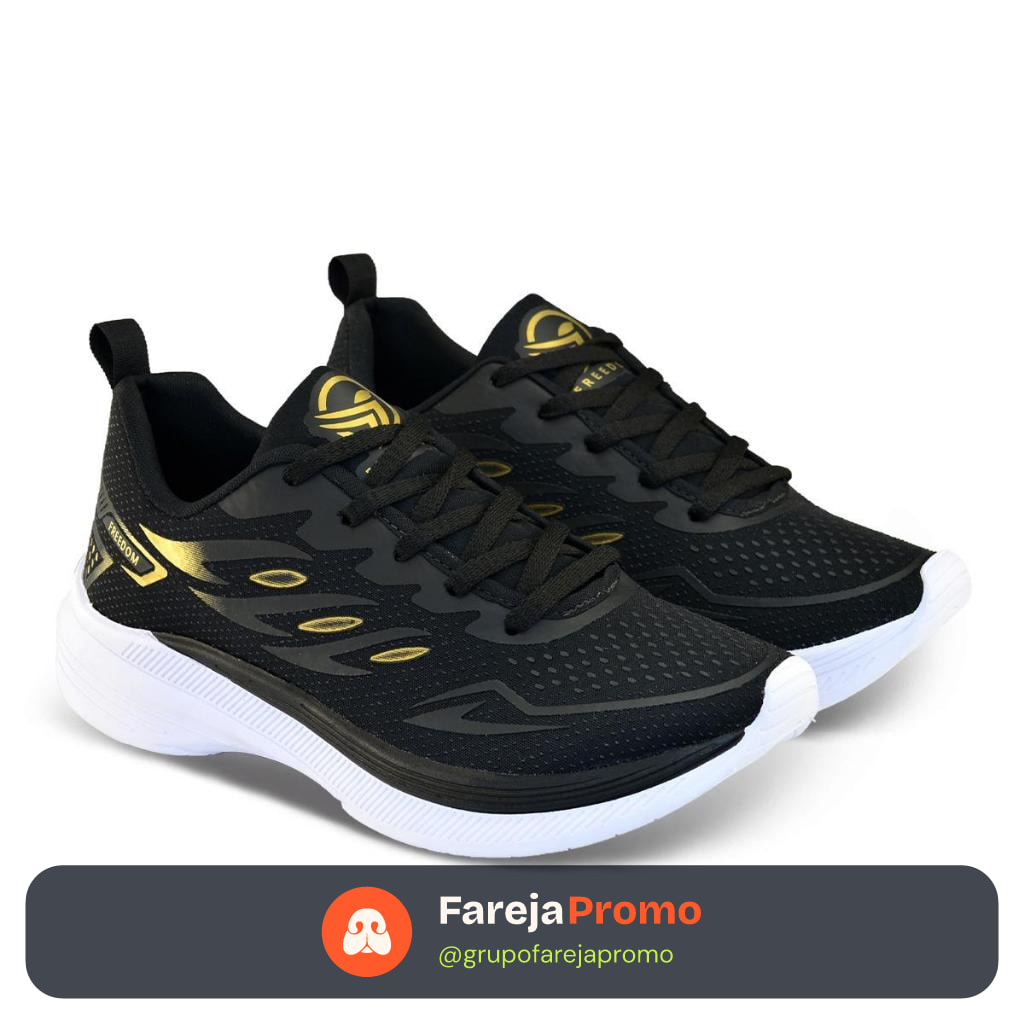 Tenis Masculino Escolar Academia Original FREEDOM Corrida Caminhada Lançamento PRETO e DOURADO