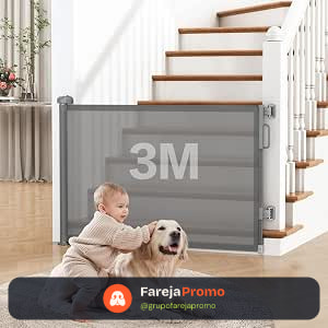Portão de Segurança Retrátil para Bebês e Pets e cachorro, 86 cm x 3 m, Tela PVC, cinza
