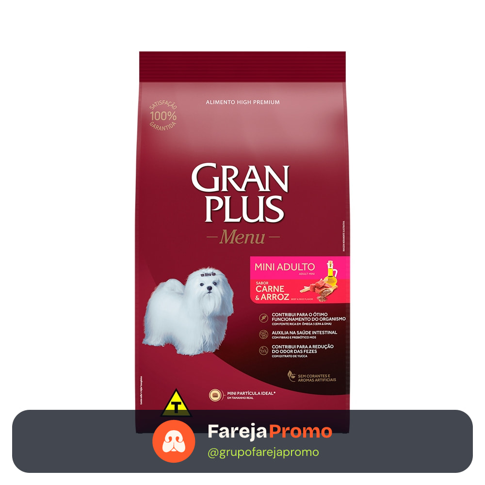 Ração GranPlus Menu Cães Adultos Porte Mini Sabor Carne e Arroz 3kg