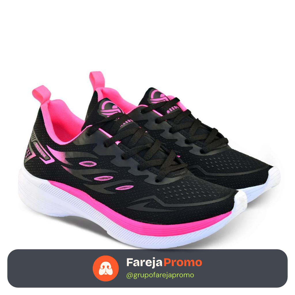 Tenis Feminino Escolar Academia Original FREEDOM Corrida Caminhada Lançamento PRETO PINK