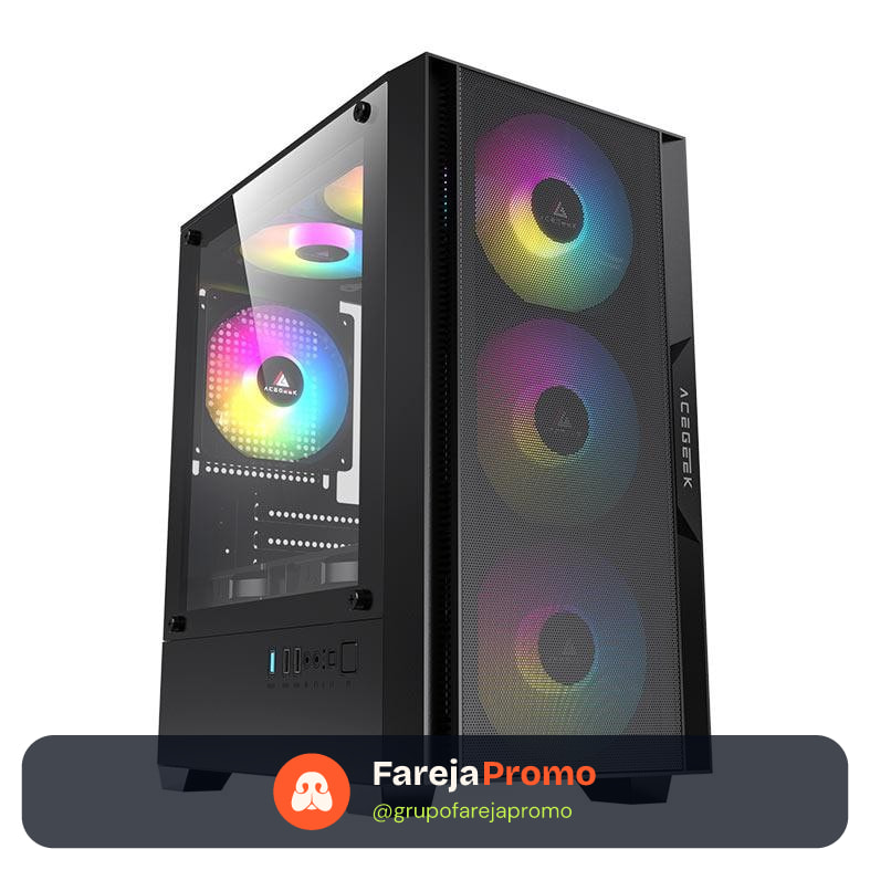Gabinete Gamer Acegeek Stratus Mesh, Mid-Tower, Lateral de Vidro, Preto, AG-STRATUS-MESH-BK