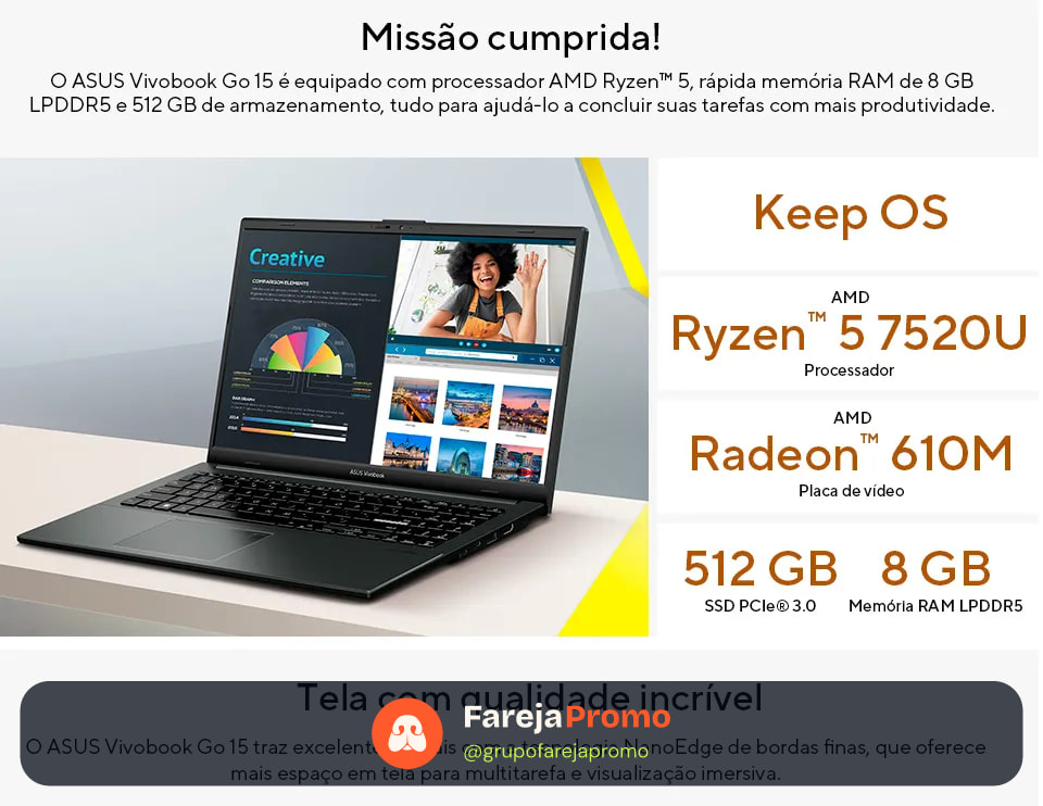 Notebook ASUS VivoBook Go 15 AMD Ryzen 5 7520U 8GB 512GB SSD KeepOS Tela 15,6" FHD Mixed Black - E1504FA-NJ732