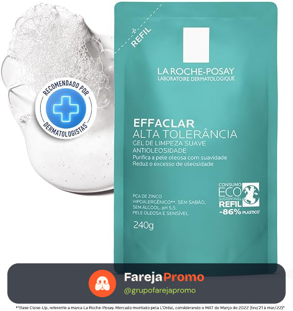 La Roche-posay Effaclar Gel Alta Tolerância. Limpeza Facial. Limpa a Pele Suavemente Reduzindo a Oleosidade e Eliminando o Brilho. Pele Oleosa e Sensível. Caprylyl Glycol, Glicerina, PCA de Zinco.