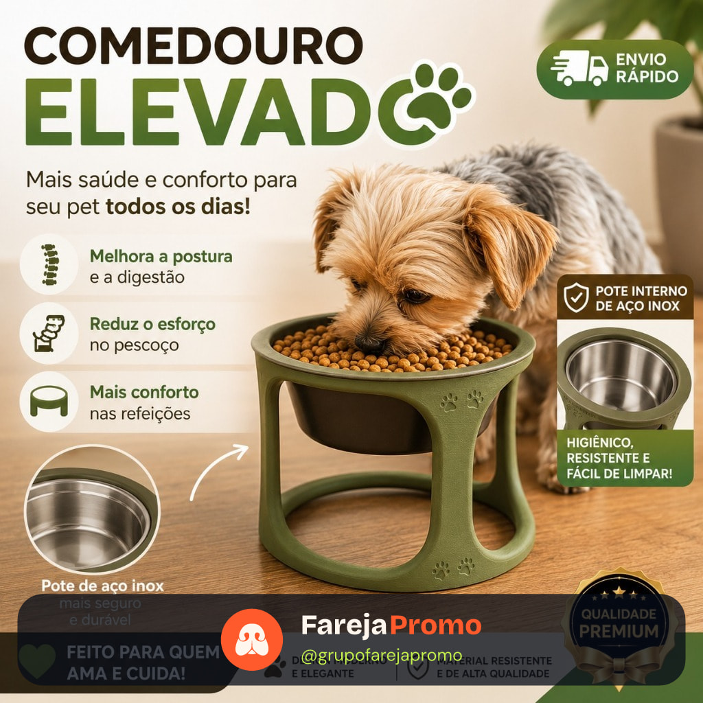 Comedouro Elevado Pet Inox Cachorro Gato Bebedouro Tigela Ração Água Antivômito Premium