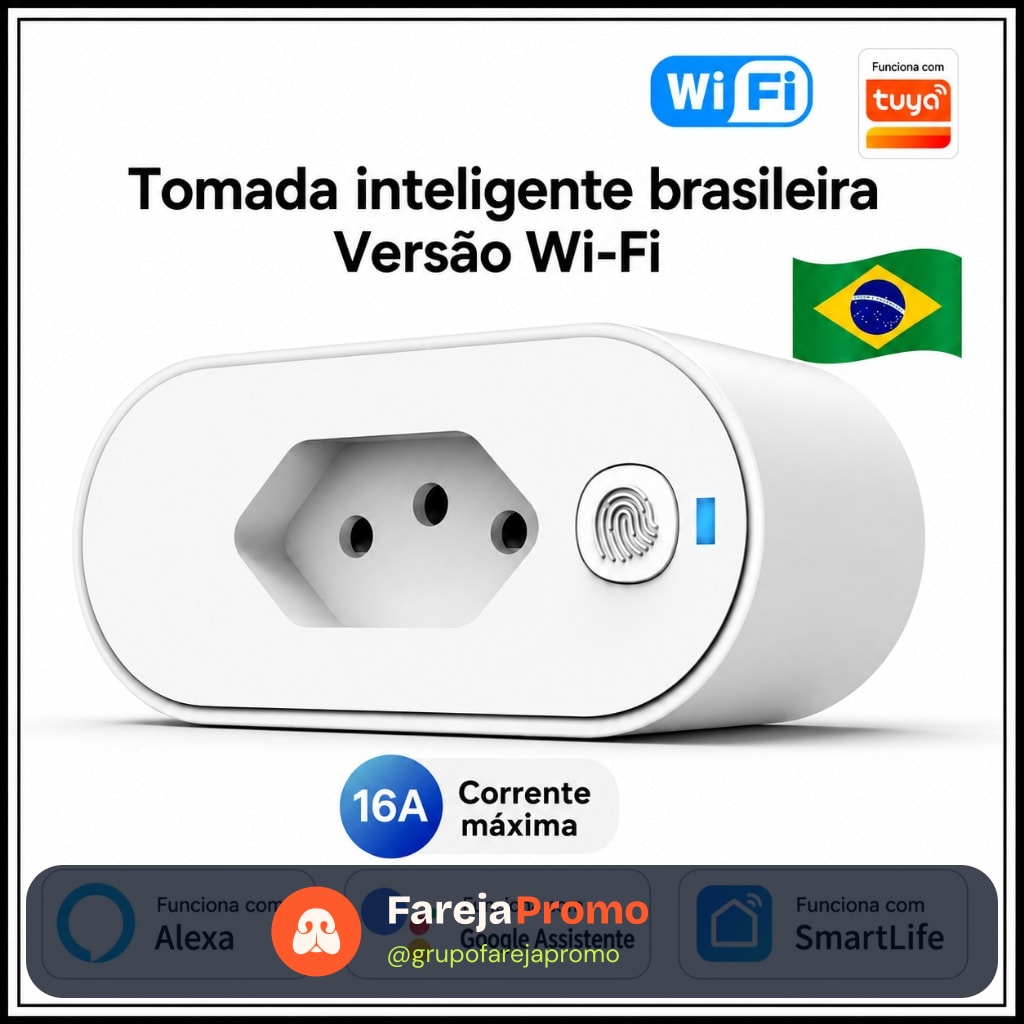 Tomada Inteligente Plugue WI-FI 16A com Monitor de Energia Funciona com Google Home e Alexa