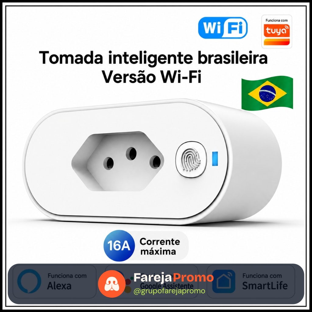 Tomada Inteligente Plugue WI-FI 16A com Monitor de Energia Funciona com Google Home e Alexa