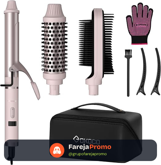 Kit Cachos e Alisamento Bivolt GOKOCO GD034 Rosa 127V-220V – Ferramenta Multifuncional com 3 Anexos, Controle de Calor NTC, 120-200°C, Desligamento Automático 30min, para Cabelos Finos a Grossos
