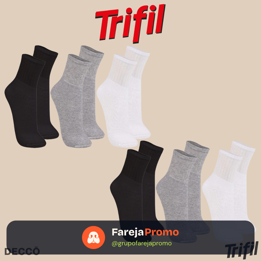 Kit com 12 Pares de Meias Trifil Sport Modelo Cano Médio Lisa Básica Esportiva Calcanhar Verdadeiro