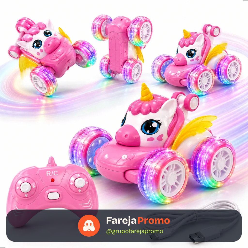 Carrinho de Controle Remoto Unicórnio Recarregável Luzes Coloridas Brinquedo Menina Carro Elétrico Infantil