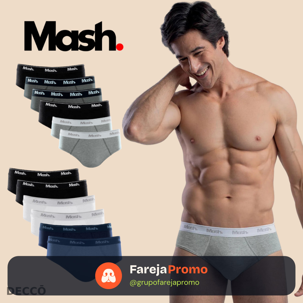 Kit com 6 Cuecas Mash Slip Modelo Tradicional em Algodao Cotton Original Masculina