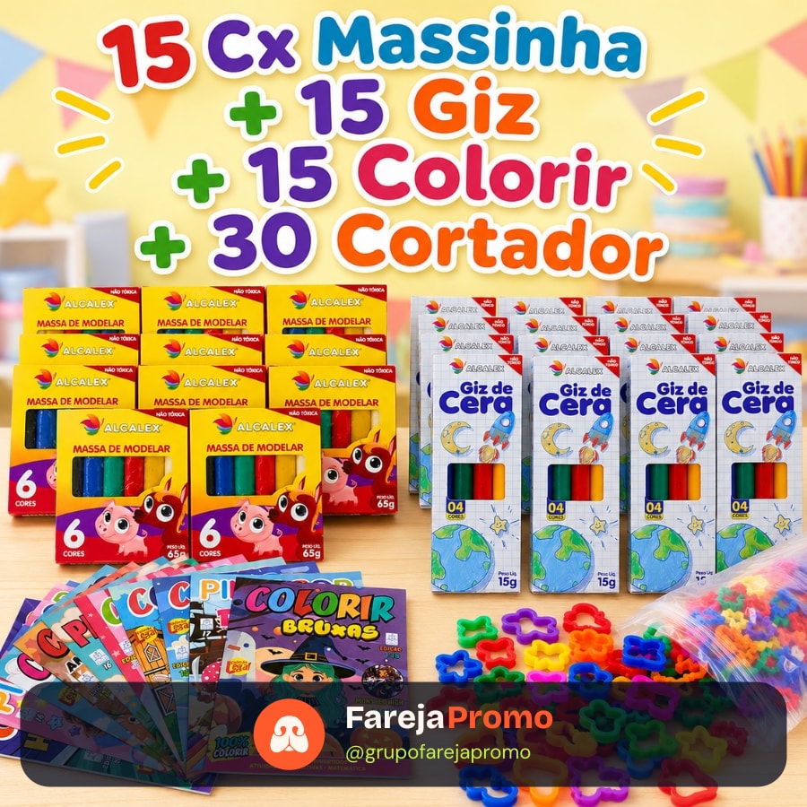 15 Massinha Modelar + 15 Giz de Cera + 15 Colorir + 30 Cortador p/ Kit Festa Lembrancinha Infantil