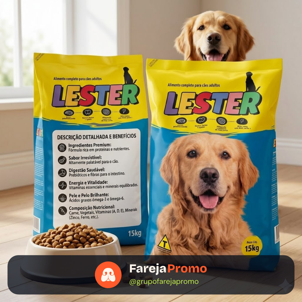 Lester Premium 15kg Ração Completa para Cães Adultos Sabor Irresistível