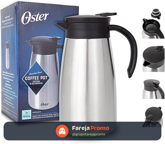 OSTER GARRAFA TÉRMICA EM AÇO INOX 1000ML CASSELBECK– CORPO E CÁPSULA EM AÇO INOXIDÁVEL E TAMPA COM ALÇA EM BAQUELITE