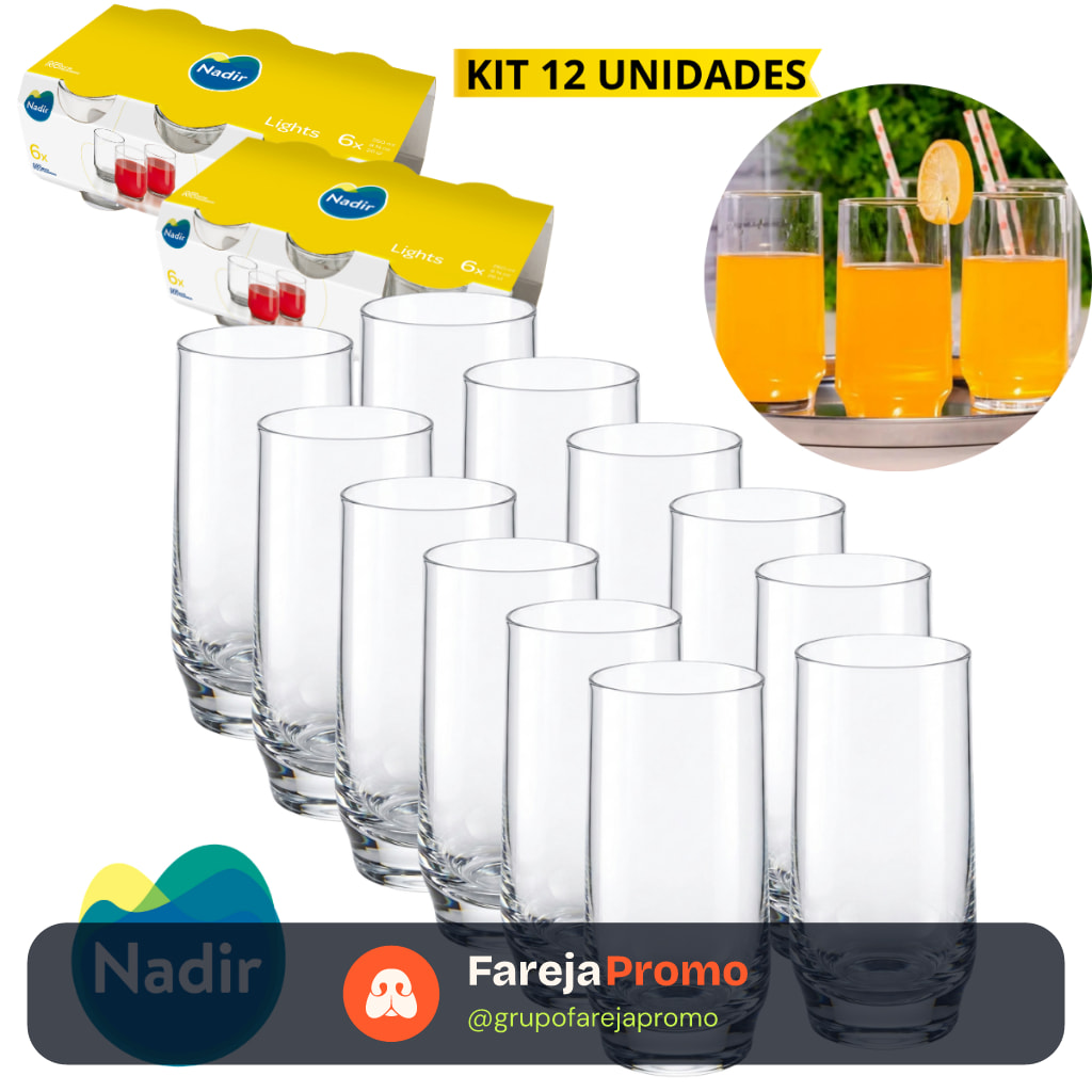 Jogo 12 Copos de Vidro Lights Suco Água Cerveja 300ml Nadir