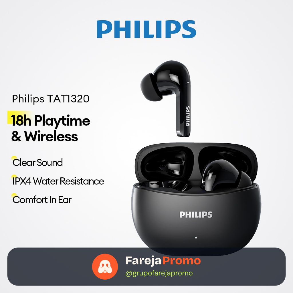 Philips TAT1320 Fone de Ouvido Bluetooth Sem Fio TWS Resistente a Agua IPX4 Som HiFi Graves Fortes Original Bateria 18h