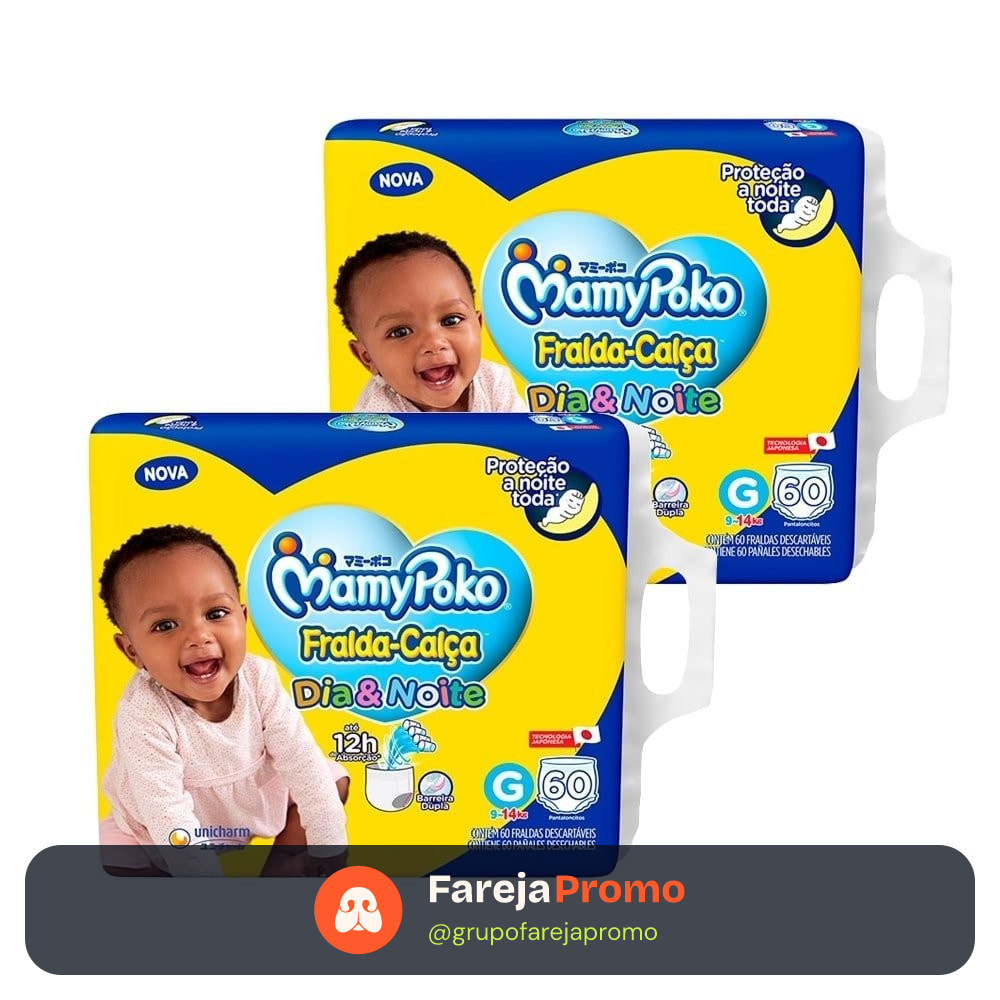 Fralda Descartável MamyPoko Calça Dia&Noite Tamanho G - 2 Pacote com 60 Fraldas - Total 120 Tiras