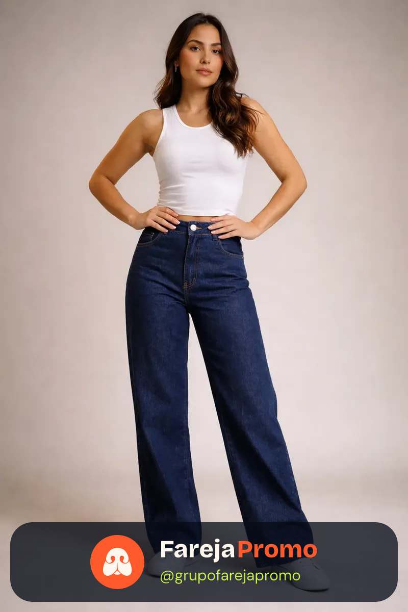 Calça Jeans Wide Leg Feminina Cintura Alta Sem Lycra Stillge