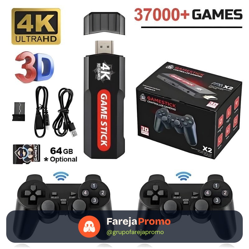 Video Game Stick 2 - Console 4k 64GB X2 30000 Jogos + 2 Controles a Pronta Entrega Jogos Retrô Para PSP PS1 GBA