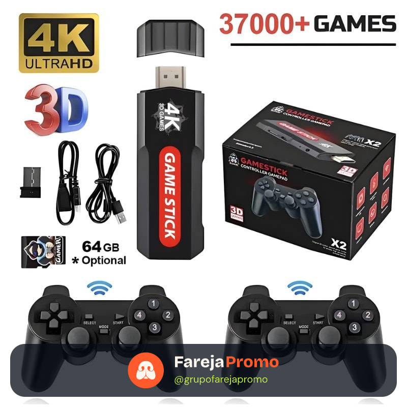Video Game Stick 2 - Console 4k 64GB X2 30000 Jogos + 2 Controles a Pronta Entrega Jogos Retrô Para PSP PS1 GBA