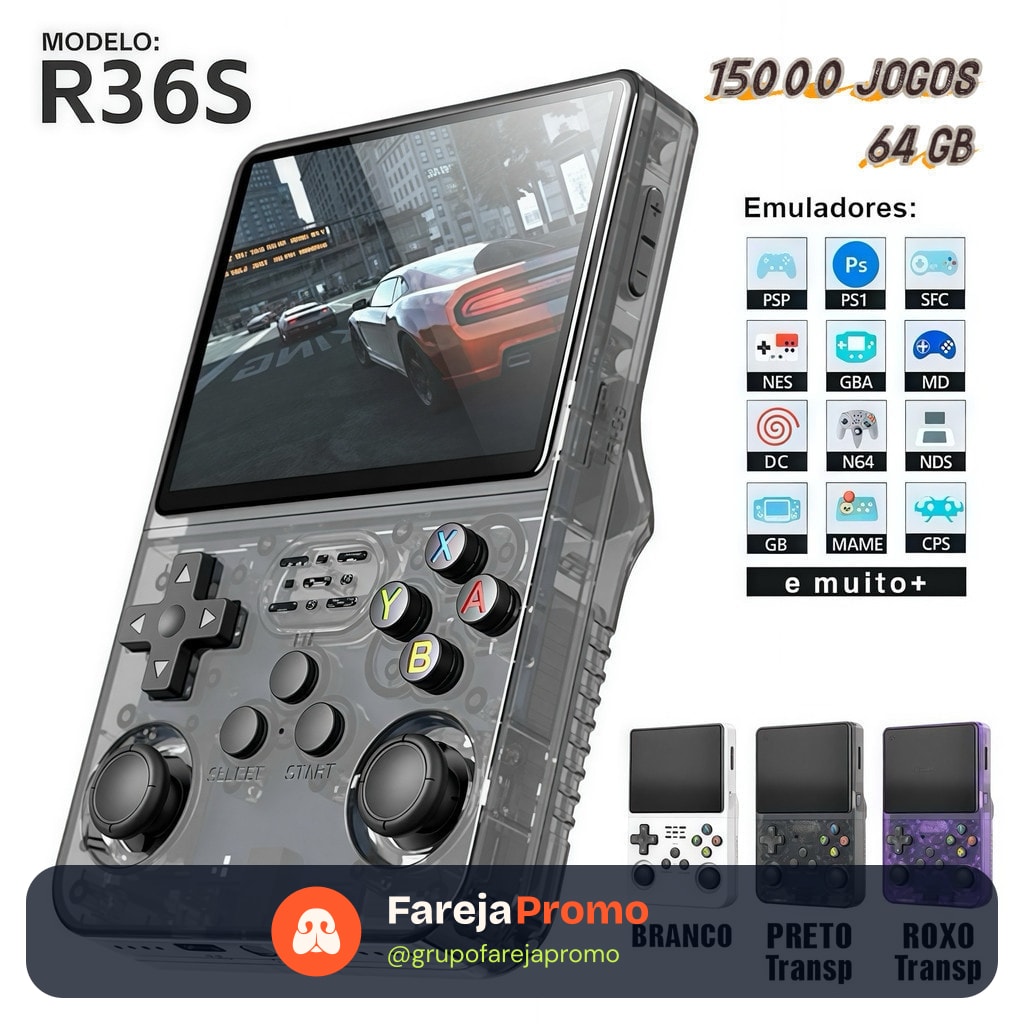 Console Portátil R36S + de 15.000 Jogos Vídeo Game 64g Linux Tela IPS 3.5 Polegadas