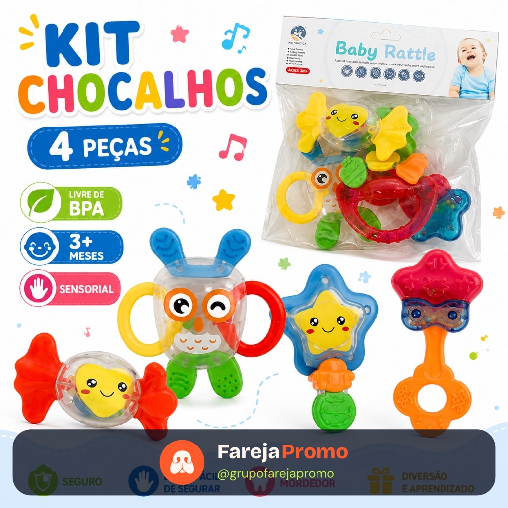 Kit Brinquedos para Bebê 4 Peças Chocalho Infantil Mordedor Educativo Coordenação Motora