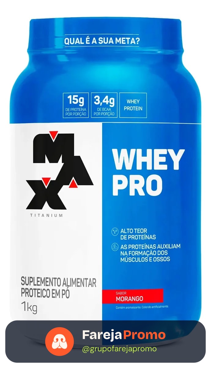 Whey Protein 1kg Whey Pro Max Titanium Sabor Morango BCAA e Aminoácidos
